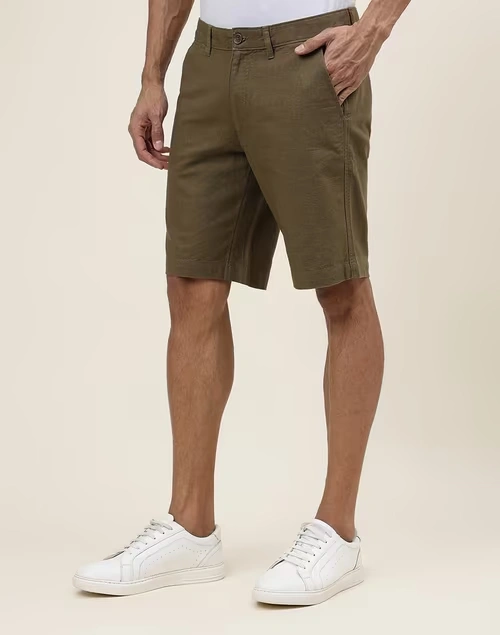 Green Cotton Regular Shorts