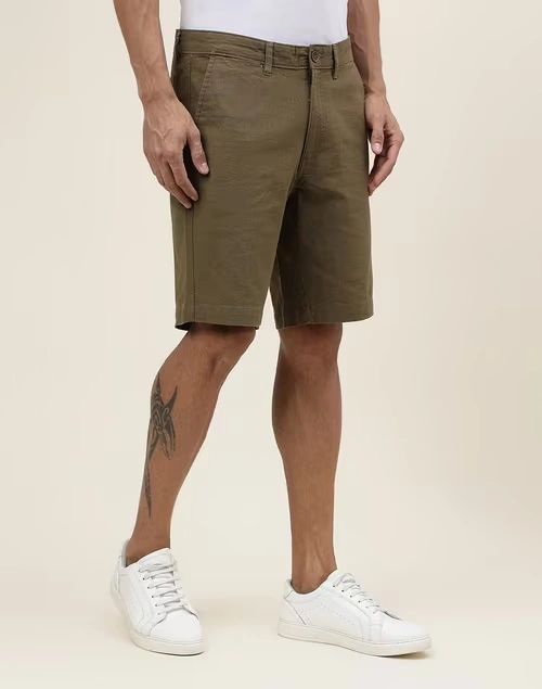 Green Cotton Regular Shorts