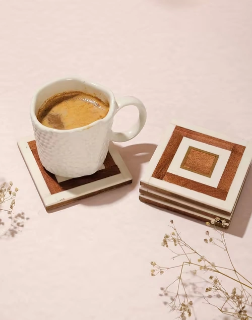 White Ayaana Resin & Wood Coaster Set Of 4