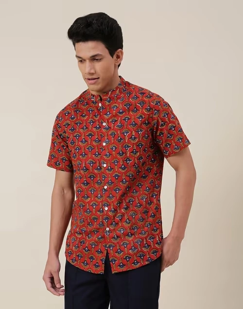 Red Cotton Printed Slim Fit Shirt