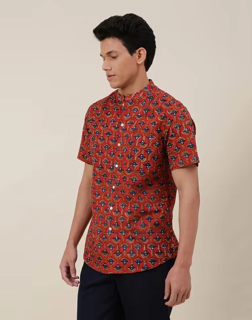 Red Cotton Printed Slim Fit Shirt