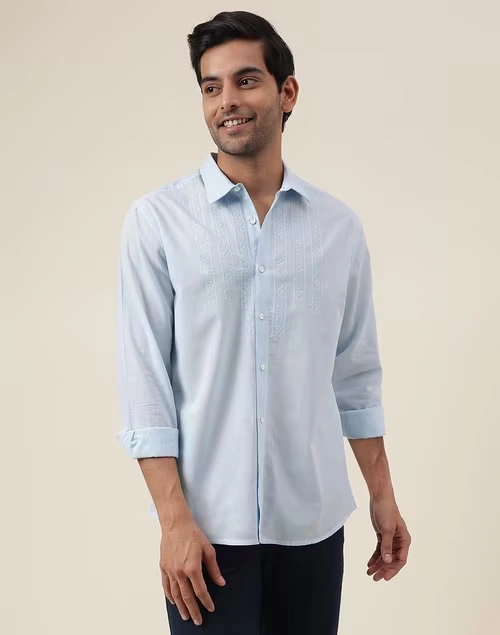 Light Blue Cotton Embroidered Shirt