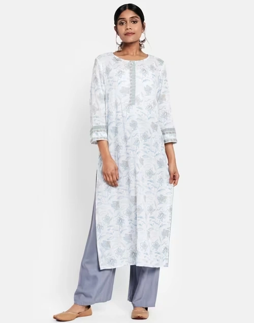 White Cotton Hand Block Print Long Kurta