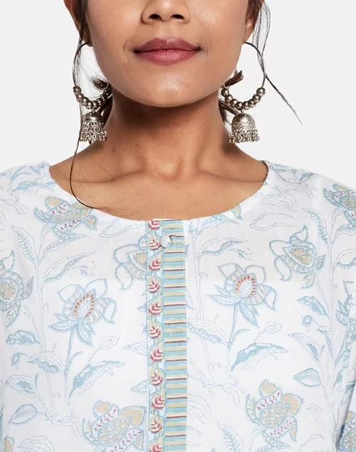 White Cotton Hand Block Print Long Kurta