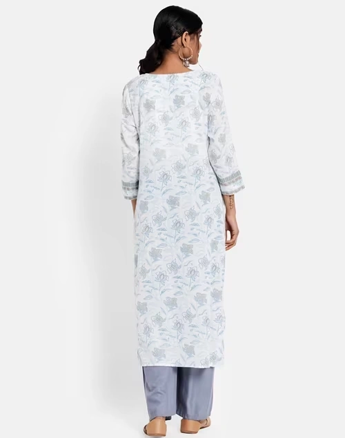 White Cotton Hand Block Print Long Kurta 3 White Cotton Hand Block Print Long Kurta