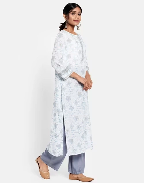 White Cotton Hand Block Print Long Kurta 4 White Cotton Hand Block Print Long Kurta