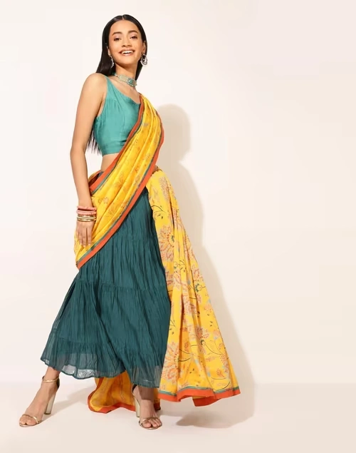 NUIndian Teal Silk Woven Blouse 3 NUIndian Teal Silk Woven Blouse