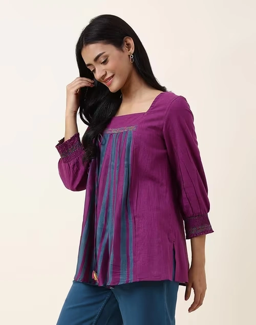 NUIndian Purple Cotton Printed Slim Fit Short Kurta