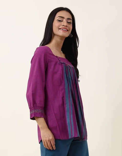 NUIndian Purple Cotton Printed Slim Fit Short Kurta