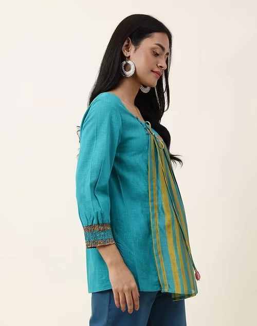 NUIndian Turquoise Cotton Printed Slim Fit Short Kurta