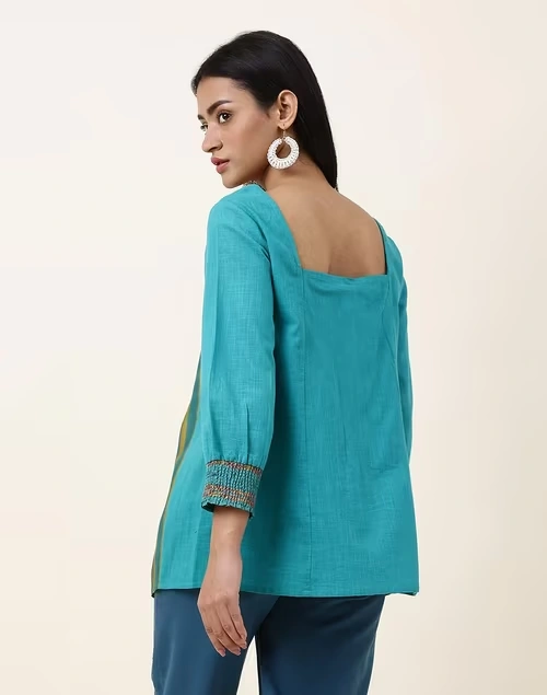 NUIndian Turquoise Cotton Printed Slim Fit Short Kurta