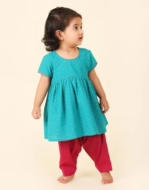 Teal Cotton Hand Block Printed Flared Salwar Set