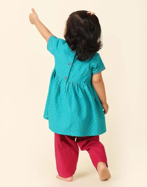 Teal Cotton Hand Block Printed Flared Salwar Set