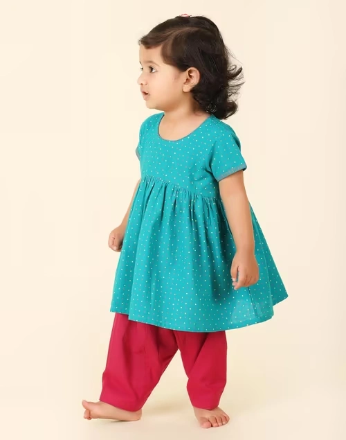 Teal Cotton Hand Block Printed Flared Salwar Set 3 Teal Cotton Hand Block Printed Flared Salwar Set