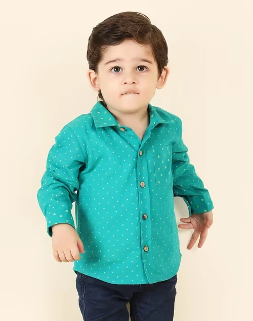 Teal Cotton Hand Block Printed Straight Shirt