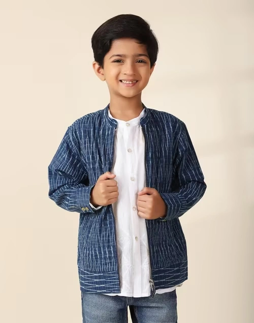 Navy Cotton Printed Jacket