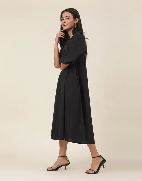 Black Cotton Embroidered Midi Dress