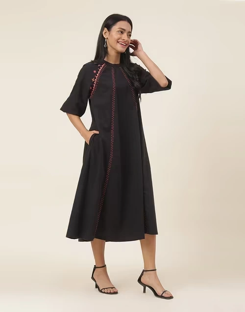 Black Cotton Embroidered Midi Dress 3 Black Cotton Embroidered Midi Dress
