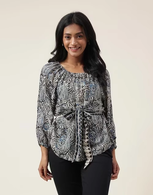 Blue Viscose Kalamkari Printed Top
