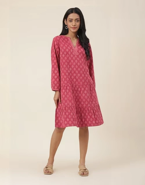 Pink Cotton Hand Block Printed Short Dress