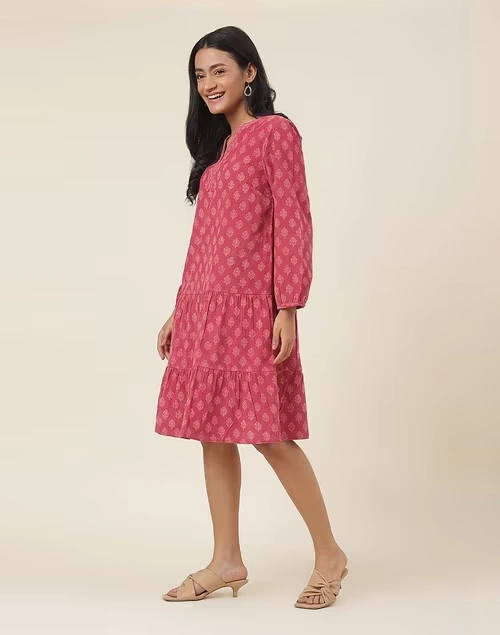 Pink Cotton Hand Block Printed Short Dress