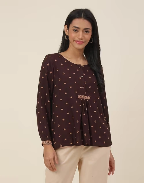 Brown Viscose Hand Block Printed Top