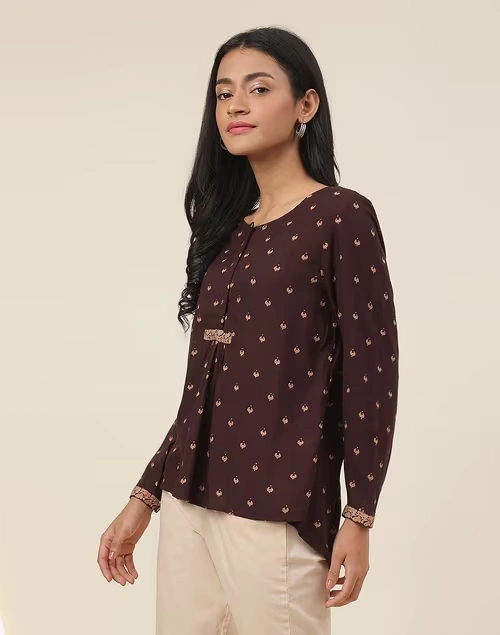 Brown Viscose Hand Block Printed Top