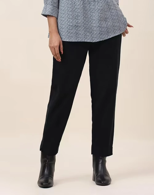 Black Cotton Ankle Length Casual Pant