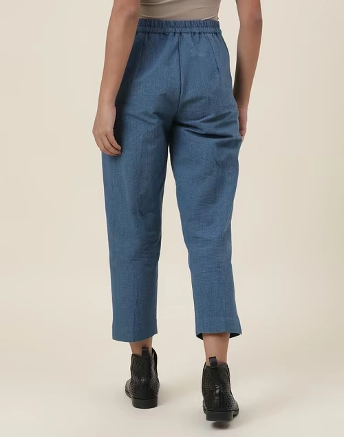 Blue Cotton Slim Fit Casual Cropped Pant