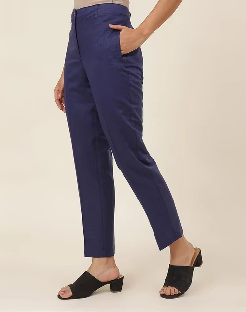Blue Linen Blend Slim Fit Formal Pant