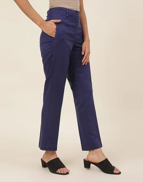 Blue Linen Blend Slim Fit Formal Pant
