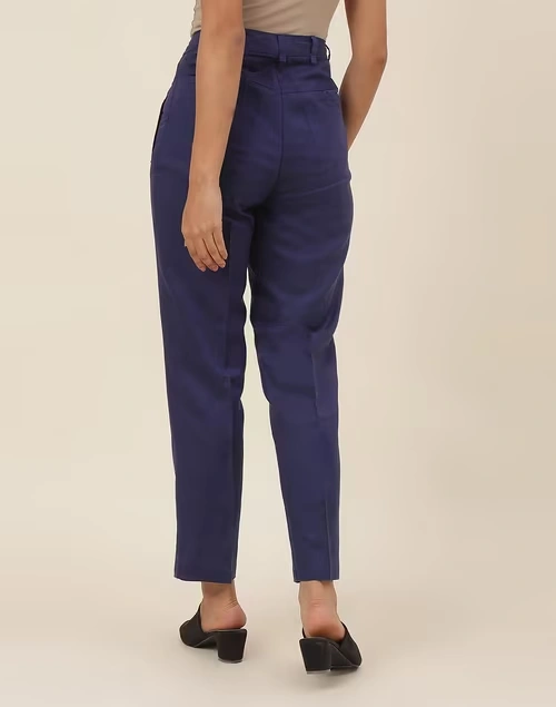 Blue Linen Blend Slim Fit Formal Pant