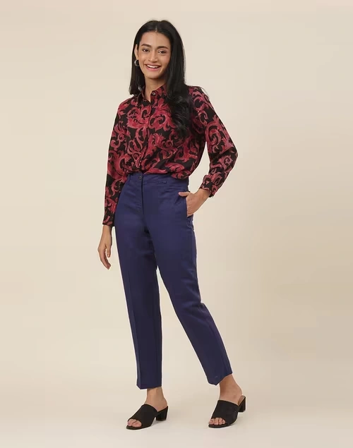 Blue Linen Blend Slim Fit Formal Pant