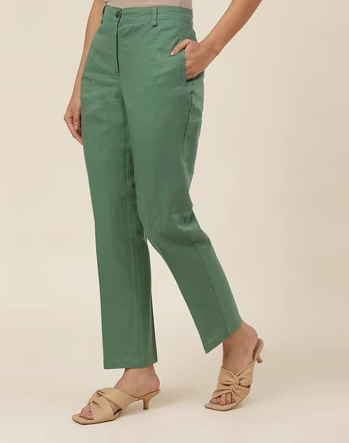 Green Linen Blend Slim Fit Formal Pant