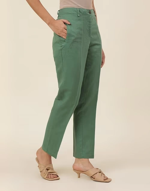 Green Linen Blend Slim Fit Formal Pant