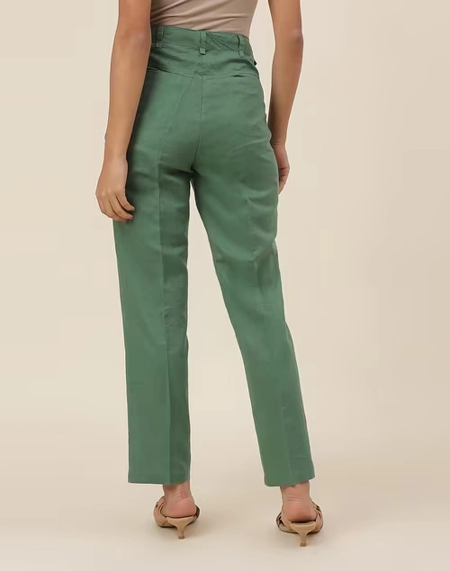 Green Linen Blend Slim Fit Formal Pant