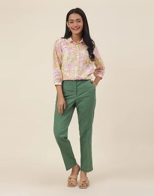 Green Linen Blend Slim Fit Formal Pant