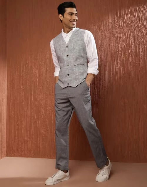 Grey Cotton Woven Slim Fit Jacket