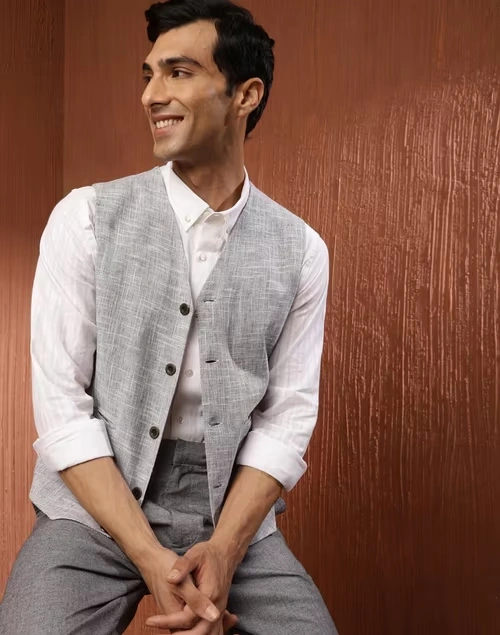 Grey Cotton Woven Slim Fit Jacket