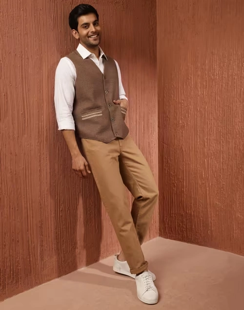 Brown Wool Woven Slim Fit Vest Jacket