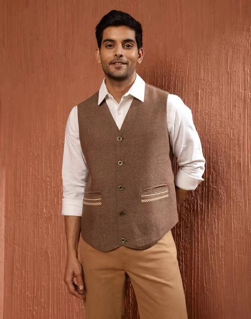 Brown Wool Woven Slim Fit Vest Jacket