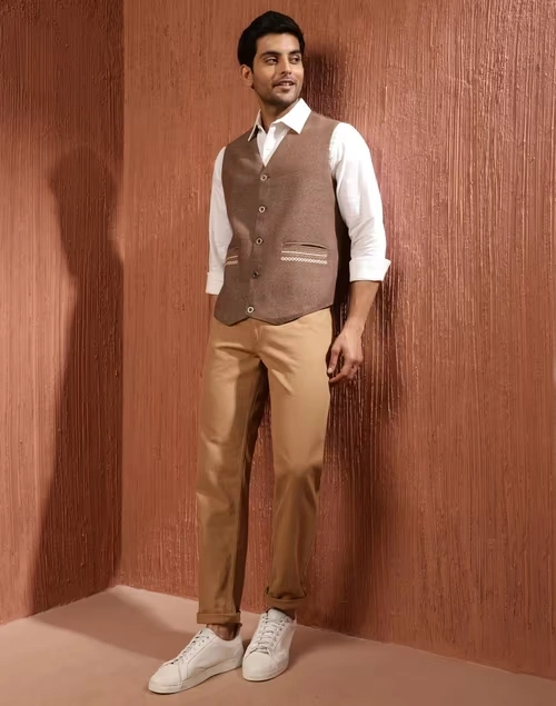 Brown Wool Woven Slim Fit Vest Jacket