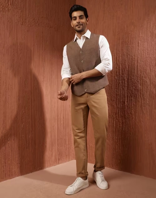 Brown Wool Woven Slim Fit Vest Jacket