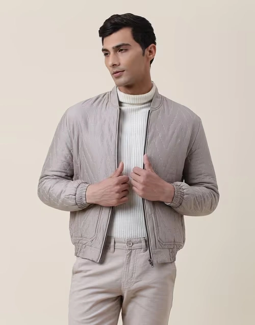 Grey Cotton Silk Quilting Straight Fit Bomber Jacket