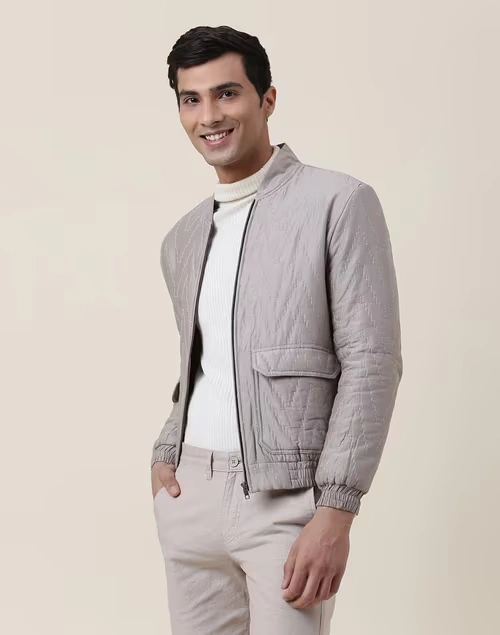 Grey Cotton Silk Quilting Straight Fit Bomber Jacket