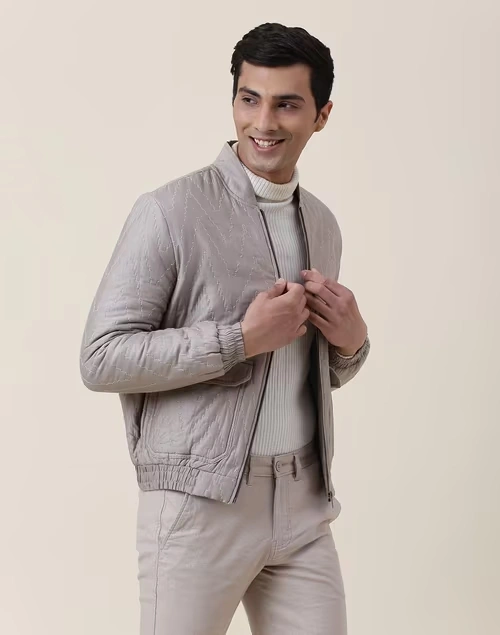 Grey Cotton Silk Quilting Straight Fit Bomber Jacket