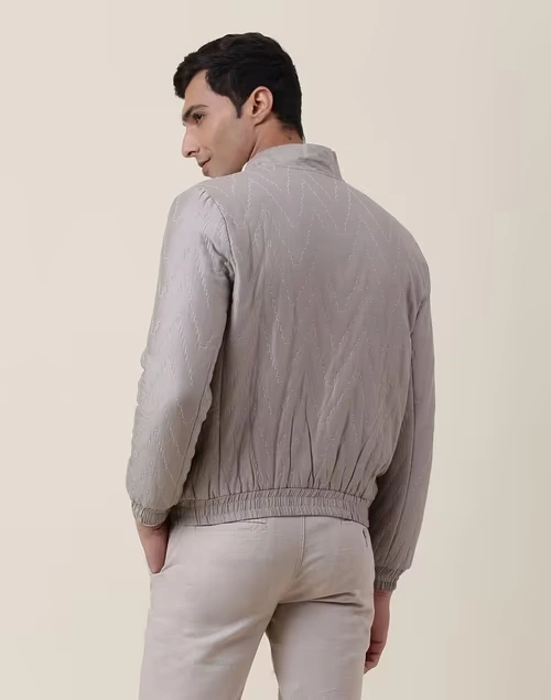 Grey Cotton Silk Quilting Straight Fit Bomber Jacket