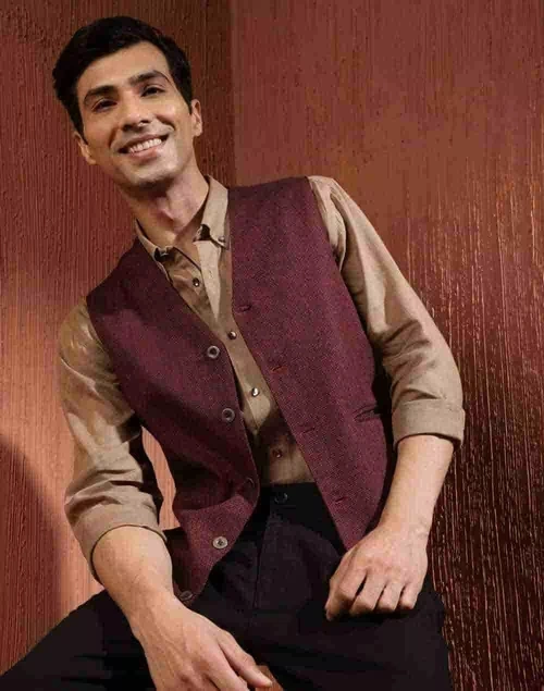 Red Wool Woven Slim Fit Jacket