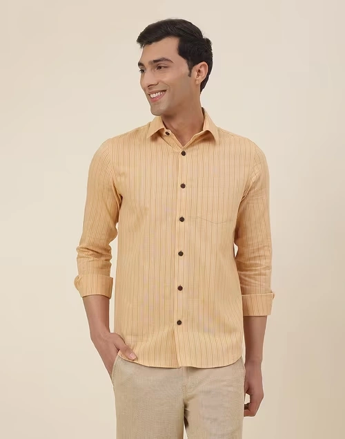 Beige Cotton Striped Slim Fit Shirt