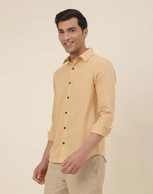 Beige Cotton Striped Slim Fit Shirt
